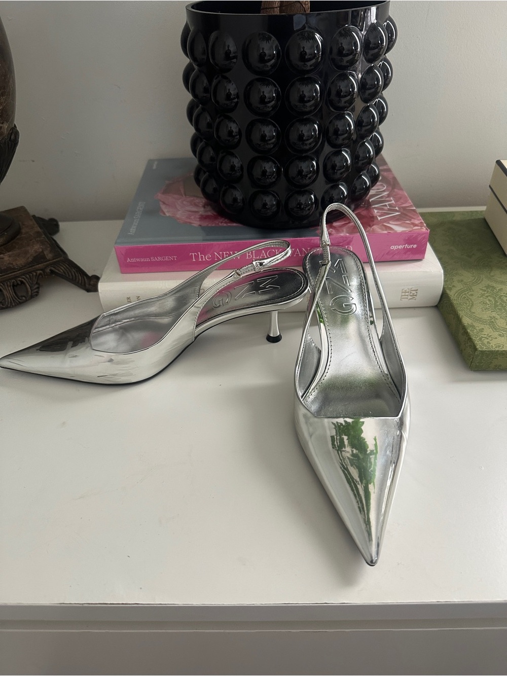 Mango Chrome Silver Pointed Slingback Heels